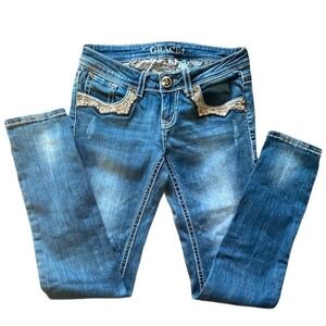Grace in LA Embellished Jeans Womens‎ Denim Rhinestone Pockets Blue size 26